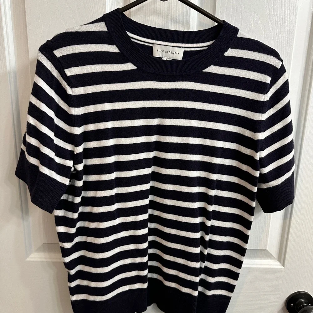 Striped Short Sleeve Sweater - Navy & White - Picture 1 of 6